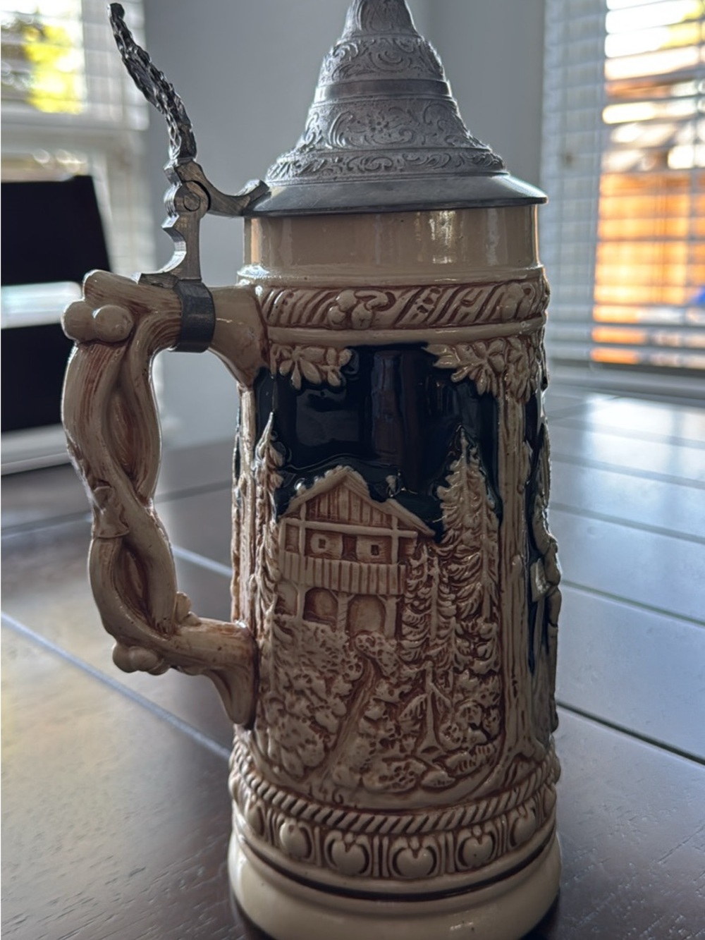 Ornate German Ceramic Beer Stein in Beige and Black with Pewter Lid